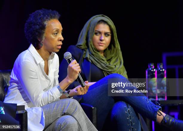 Nina Shaw and Amani Al-Khatahtbeh speak onstage at "Time's Up" during the 2018 Tribeca Film Festival at Spring Studios on April 28, 2018 in New York...