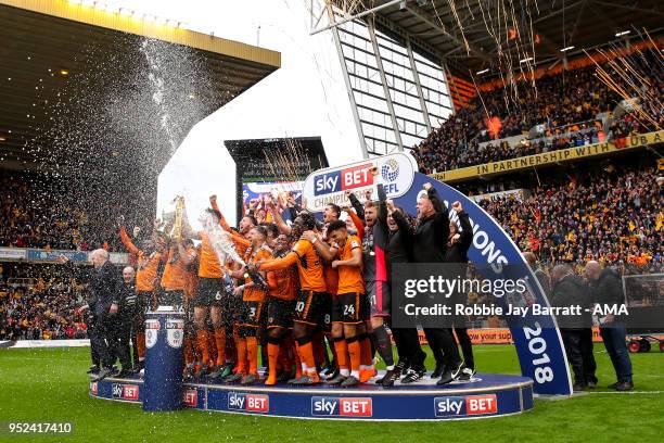 Wolverhampton Wanderers players celebrate winning the EFL Sky Bet Championship during the Sky Bet Championship match between Wolverhampton Wanderers...