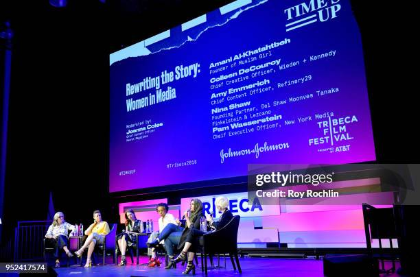 Colleen DeCourcy, Amy Emmerich, Pam Wasserstein, Nina Shaw, Amani Al-Khatahtbeh and Joanna Coles speak onstage at "Time's Up" during the 2018 Tribeca...