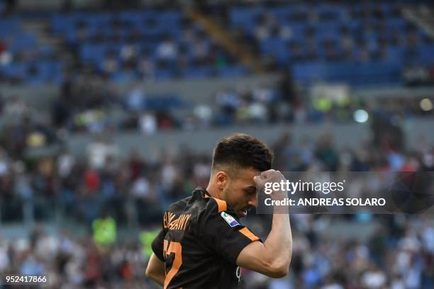 Roma's Italian striker Stephan El Shaarawy celebrates after scoring a goal during the Italian Serie A football match between Roma and Chievo, on...
