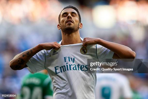 Dani Ceballos of Real Madrid reacts during the La Liga match between Real Madrid and Leganes at Estadio Santiago Bernabeu on April 28, 2018 in...