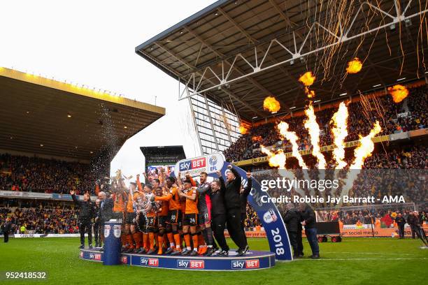 Wolverhampton Wanderers players celebrate winning the EFL Sky Bet Championship during the Sky Bet Championship match between Wolverhampton Wanderers...