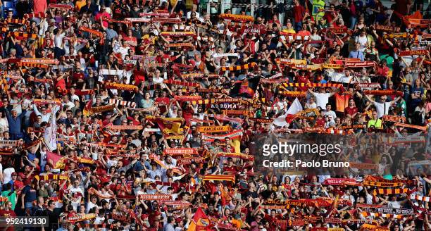 Roma fans during the serie A match between AS Roma and AC Chievo Verona at Stadio Olimpico on April 28, 2018 in Rome, Italy.
