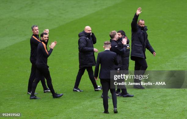 Nuno Espirito Santo manager / head coach of Wolverhampton Wanderers waves to the crowd after the Sky Bet Championship match between Wolverhampton...