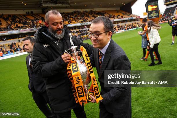 Nuno Espirito Santo head coach / manager of Wolverhampton Wanderers and Jeff Shi executive chairman of Wolverhampton Wanderers celebrate with the Sky...