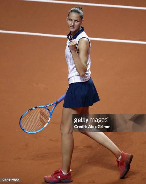 Karolina Pliskova of Czech Republic celebrates after winning her match against Anett Kontaveit of Estonia during day 6 of the Porsche Tennis Grand...