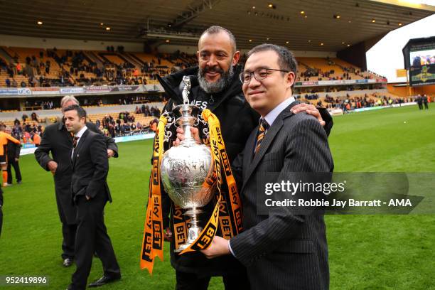 Nuno Espirito Santo head coach / manager of Wolverhampton Wanderers and Jeff Shi executive chairman of Wolverhampton Wanderers celebrate with the Sky...