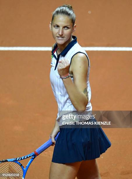 Czech Karolina Pliskova reacts after winning against Estonian Anett Kontaveit during their semifinal match at the WTA Tennis Grand Prix in Stuttgart,...