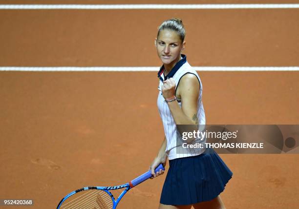 Czech Karolina Pliskova reacts after winning against Estonian Anett Kontaveit during their semifinal match at the WTA Tennis Grand Prix in Stuttgart,...