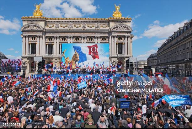 Marine Le Pen delivers a speech during the French Far Right Party May Day demonstration on May 1, 2012 in Paris, France.