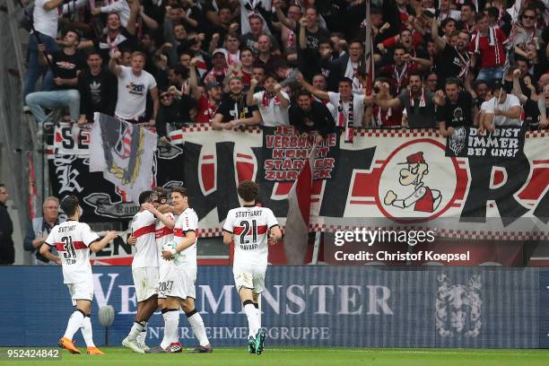 Christian Gentner of Stuttgart celebrates with his team after he scored a goal to make it 0:1 during the Bundesliga match between Bayer 04 Leverkusen...