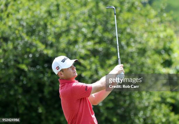 Brendan Steele plays his shot on the first hole during the third round of the Zurich Classic at TPC Louisiana on April 28, 2018 in Avondale,...