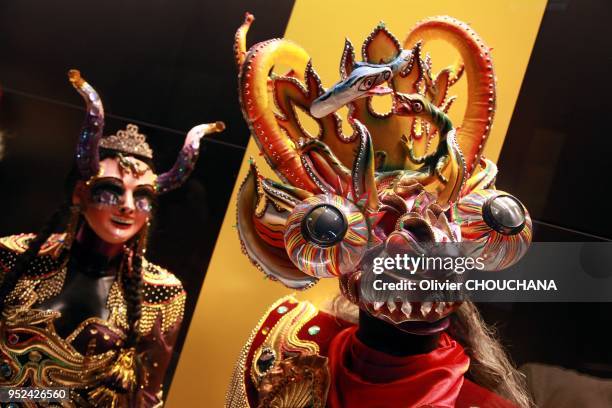 Costumes et masques de la danse traditionnelle d'amerique du sud la "Diablada" exposes au musee du quai Branly le 17 Aout 2015, Paris France. La...