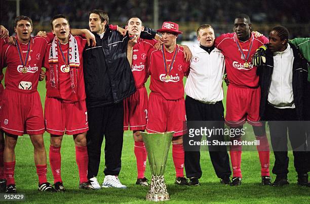 Liverpool players sing ''You''ll Never Walk Alone'' after victory in the UEFA Cup Final against Deportivo Alaves at the Westfalenstadion in Dortmund,...