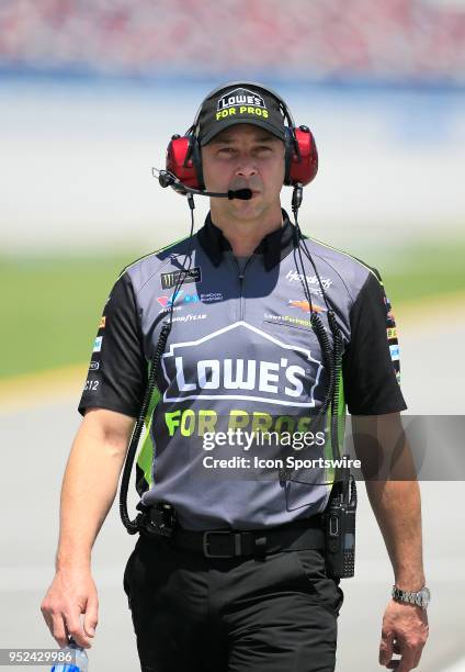 Chad Knaus looks on during qualifying for the 49th Annual running of the Monster Energy NASCAR Cup Series GEICO 500 race on April 28 at the Talladega...