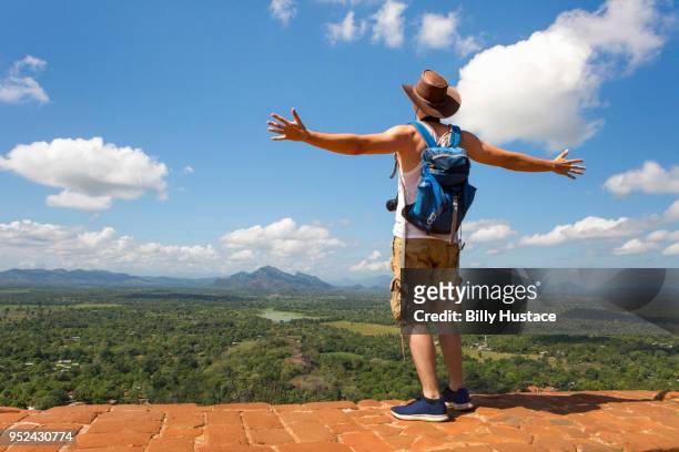 a male backpacker standing alone on sigiriya (lion rock) in central sri lanka, south asia on a sunny day - confidence male landscape stock-fotos und bilder