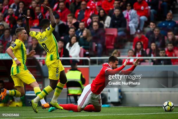 Benfica's Serbian midfielder Andrija Zivkovic vies with Tondela's midfielder Helder Tavares during the Portuguese League football match between SL...