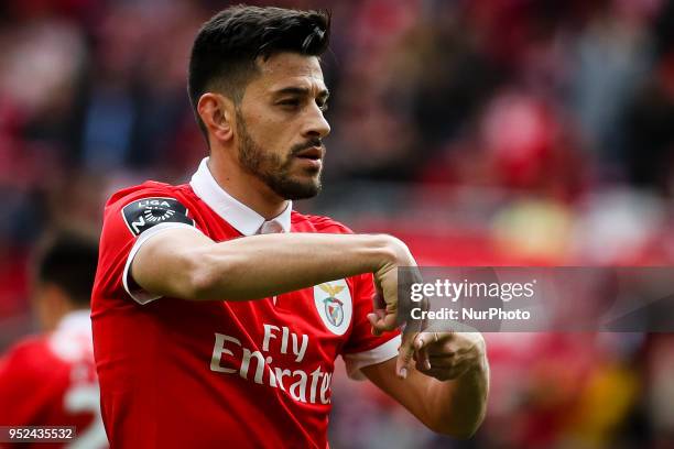 Benfica's forward Pizzi celebrates a goal during the Portuguese League football match between SL Benfica and Tondela at Luz Stadium in Lisbon on...