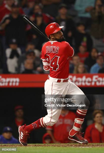 Chris Young of the Los Angeles Angels of Anaheim bats in the ninth inning during the MLB game against the New York Yankees at Angel Stadium on April...