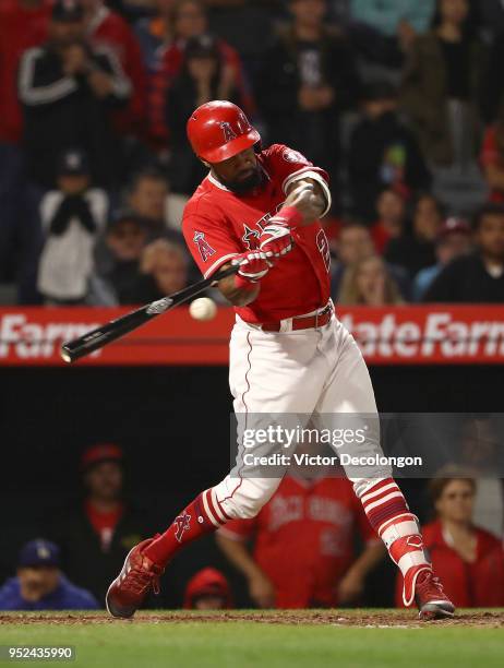 Chris Young of the Los Angeles Angels of Anaheim bats in the ninth inning during the MLB game against the New York Yankees at Angel Stadium on April...