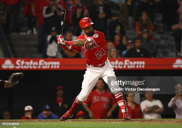 Chris Young of the Los Angeles Angels of Anaheim bats in the ninth inning during the MLB game against the New York Yankees at Angel Stadium on April...