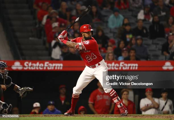 Chris Young of the Los Angeles Angels of Anaheim bats in the ninth inning during the MLB game against the New York Yankees at Angel Stadium on April...