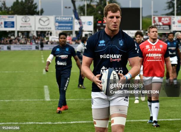 Agen's French flanker Antoine Erbani looks on prior to the French Top 14 rugby union match between SU Agen and ASM Clermont on April 28, 2018 at the...