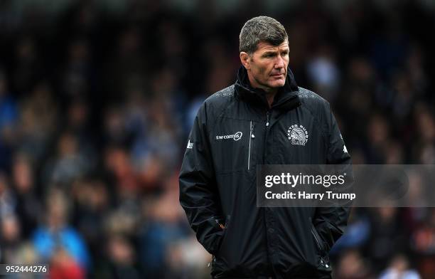 Rob Baxter, Head Coach of Exeter Chiefs during the Aviva Premiership match between Exeter Chiefs and Sale Sharks at Sandy Park on April 28, 2018 in...