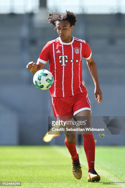 Joshua Zirkzee of Muenchen plays the ball during the B Juniors Bundesliga South/Southwest match between Bayern Muenchen and 1899 Hoffenheim at...