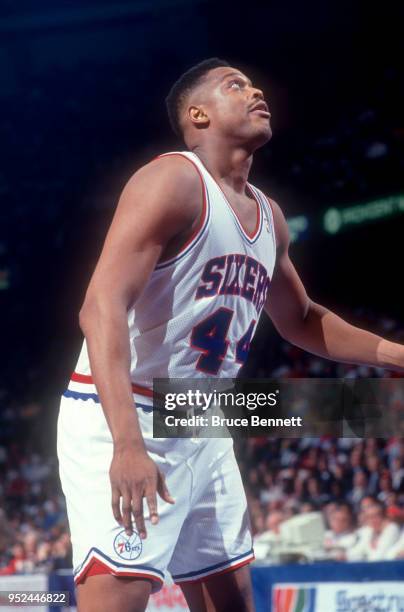 Rick Mahorn of the Philadelphia 76ers waits for the rebound during an NBA game against the Atlanta Hawks on February 27, 1991 at the Spectrum in...