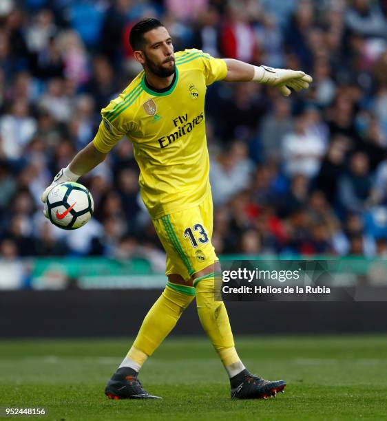 Goalkeeper Kiko Casilla of Real Madrid in action during the La Liga match between Real Madrid CF and Leganes at Estadio Santiago Bernabeu on Abril...