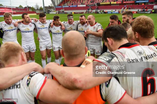 Limerick , Ireland - 28 April 2018; Rory Best of Ulster speaks to his team-mates after the Guinness PRO14 Round 21 match between Munster and Ulster...