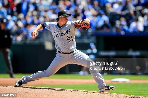 Carson Fulmer of the Chicago White Sox pitches against the Kansas City Royals during the first inning of game one of a doubleheader at Kauffman...