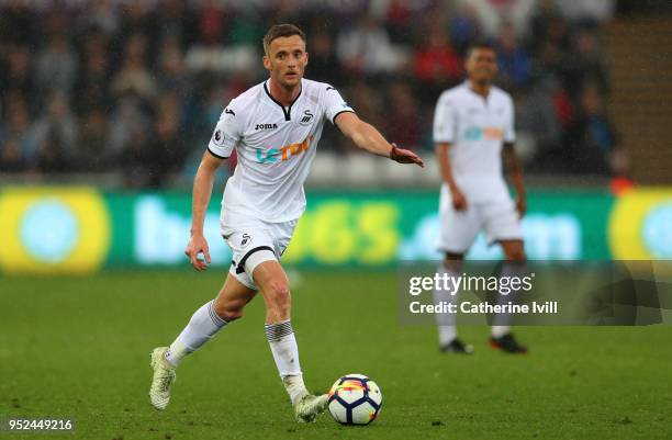 Andy King of Swansea City during the Premier League match between Swansea City and Chelsea at Liberty Stadium on April 28, 2018 in Swansea, Wales.