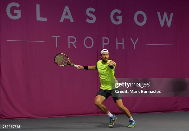 Daniel Brands of Germany in action during his singles qualifying match with Jacob Fearnley of Great Britain on the first day of The Glasgow Trophy at...