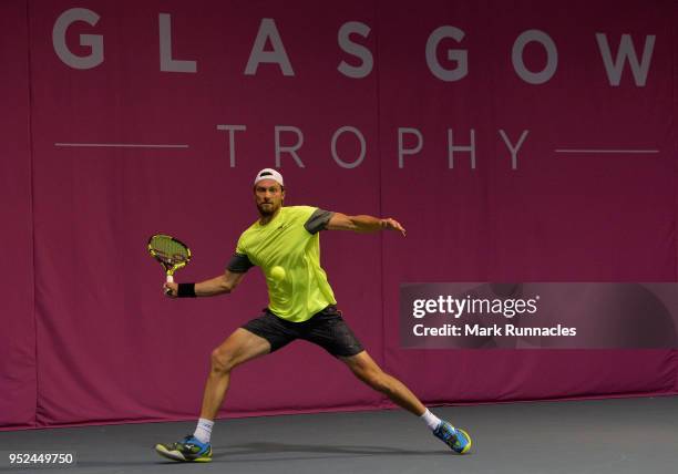 Daniel Brands of Germany in action during his singles qualifying match with Jacob Fearnley of Great Britain on the first day of The Glasgow Trophy at...