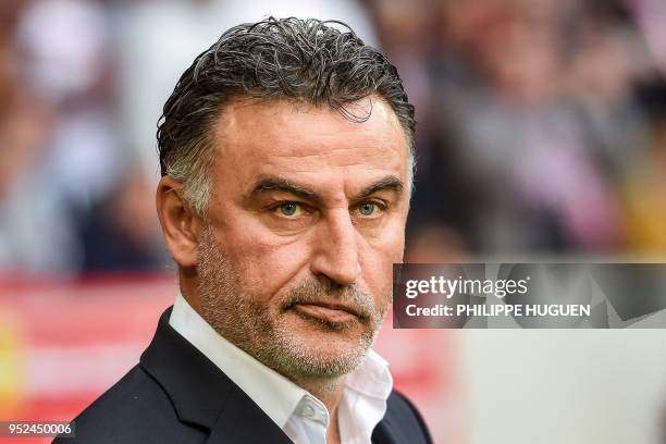 Lille's french head coach Christophe Galtier reacts during the French L1 football match between Lille and Metz on April 28 2018 at the Pierre Mauroy...