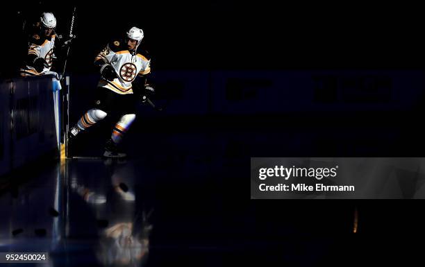 Brad Marchand of the Boston Bruins warms up during Game One of the Eastern Conference Second Round against the Tampa Bay Lightning during the 2018...