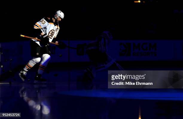 Zdeno Chara of the Boston Bruins warms up during Game One of the Eastern Conference Second Round against the Tampa Bay Lightning during the 2018 NHL...