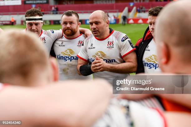 Limerick , Ireland - 28 April 2018; Rory Best of Ulster speaks to his team-mates after the Guinness PRO14 Round 21 match between Munster and Ulster...