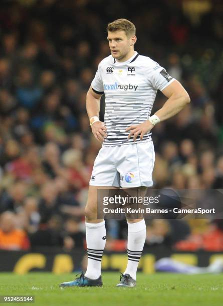 Ospreys' Dan Biggar during the Guinness PRO14 Round 21 Judgement Day VI match between Dragons and Scarlets at Principality Stadium on April 28, 2018...