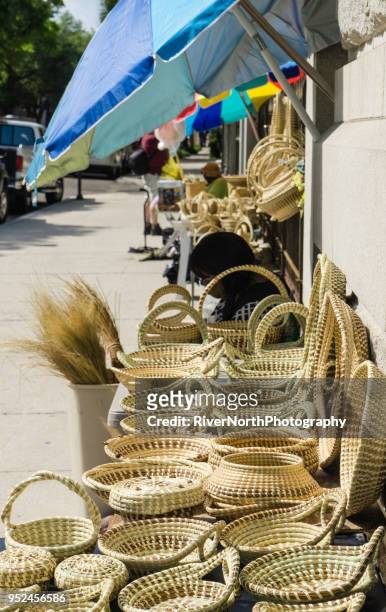 hand woven sweetgrass baskets, charleston, south carolina - african woven baskets stock pictures, royalty-free photos & images