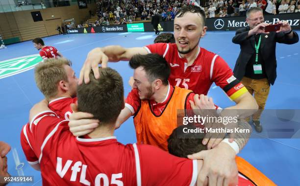 The players of Hohenstein Ernstthal celebrate after winning the German Futsal Championship final match between VfL Hohenstein-Ernstthal and Futsal...