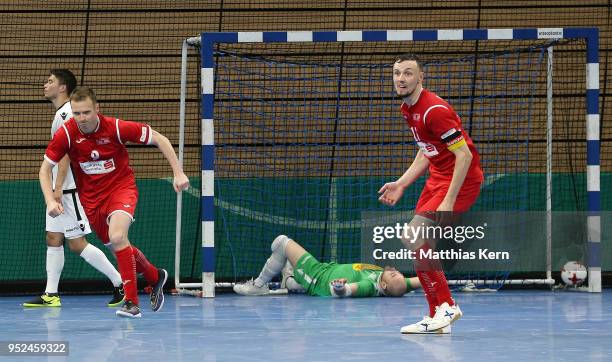 Michal Salak of Hohenstein Ernstthal jubilates after scoring the final goal during the German Futsal Championship final match between VfL...