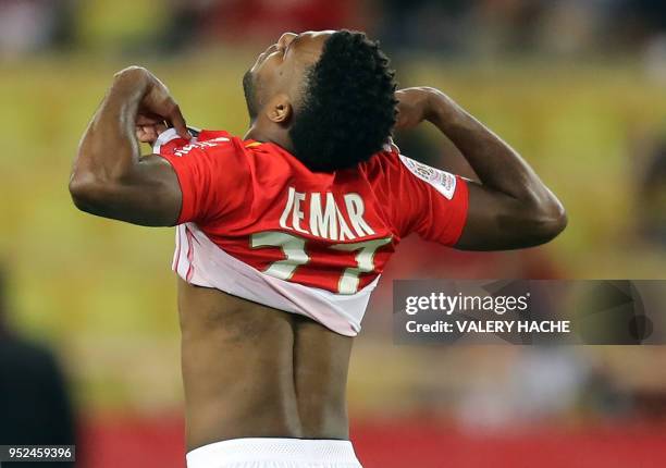 Monaco's French midfielder Thomas Lemar reacts during the French L1 football match Monaco vs Amiens on April 28, 2018 at the Louis II sadium in...