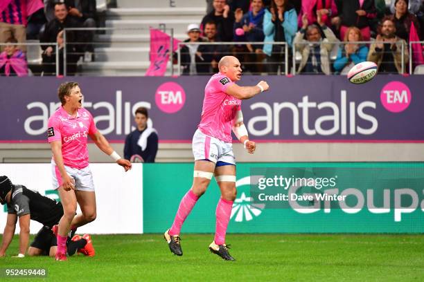 Joy for Sergio Parisse of Stade Francais Paris as he goes over for a try during the French Top 14 match between Stade Francais and Brive at Stade...