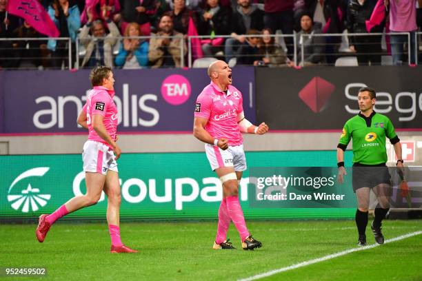 Joy for Sergio Parisse of Stade Francais Paris as he goes over for a try during the French Top 14 match between Stade Francais and Brive at Stade...