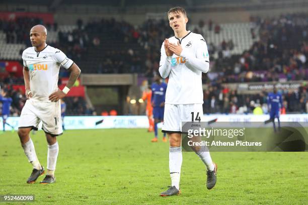 Tom Carroll of Swansea City after the final whistle of the Premier League match between Swansea City and Chelsea at the Liberty Stadium on April 28,...
