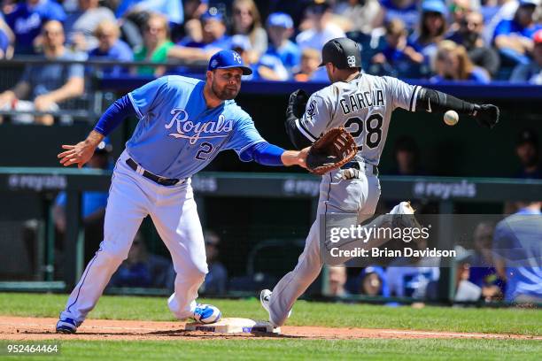 Leury Garcia of the Chicago White Sox is safe at first against Lucas Duda of the Kansas City Royals during the fourth inning of game one of a...