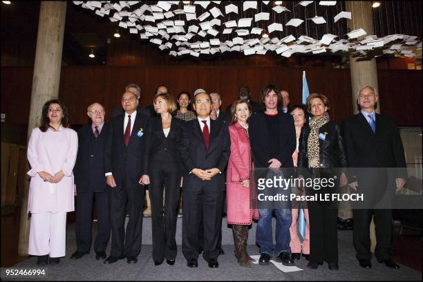 1st row Mme Basma Irsheid,Mstislav Rostropovitch, Madanjeet Singh, Mme Mehriban Alieva, Unesco director general Koichiro Matsuura, Her Royal Highness...